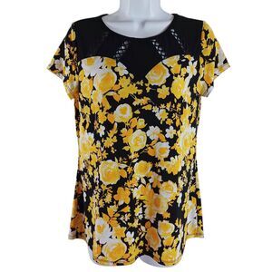 Diana Belle Yellow Floral Blouse S Black Lattice Stretch Top Cap Sleeve Romantic